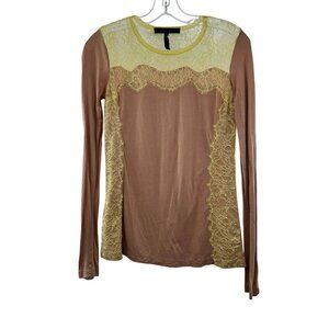 BCBGMaxazria Top Women's Size XXS Tan/Yellow Lace Long Sleeve Lightweight